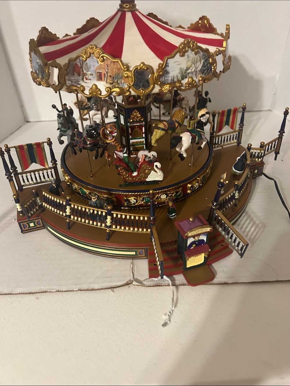 Holiday Carousel Music Box Decorative Ornament - Red, Gold, White